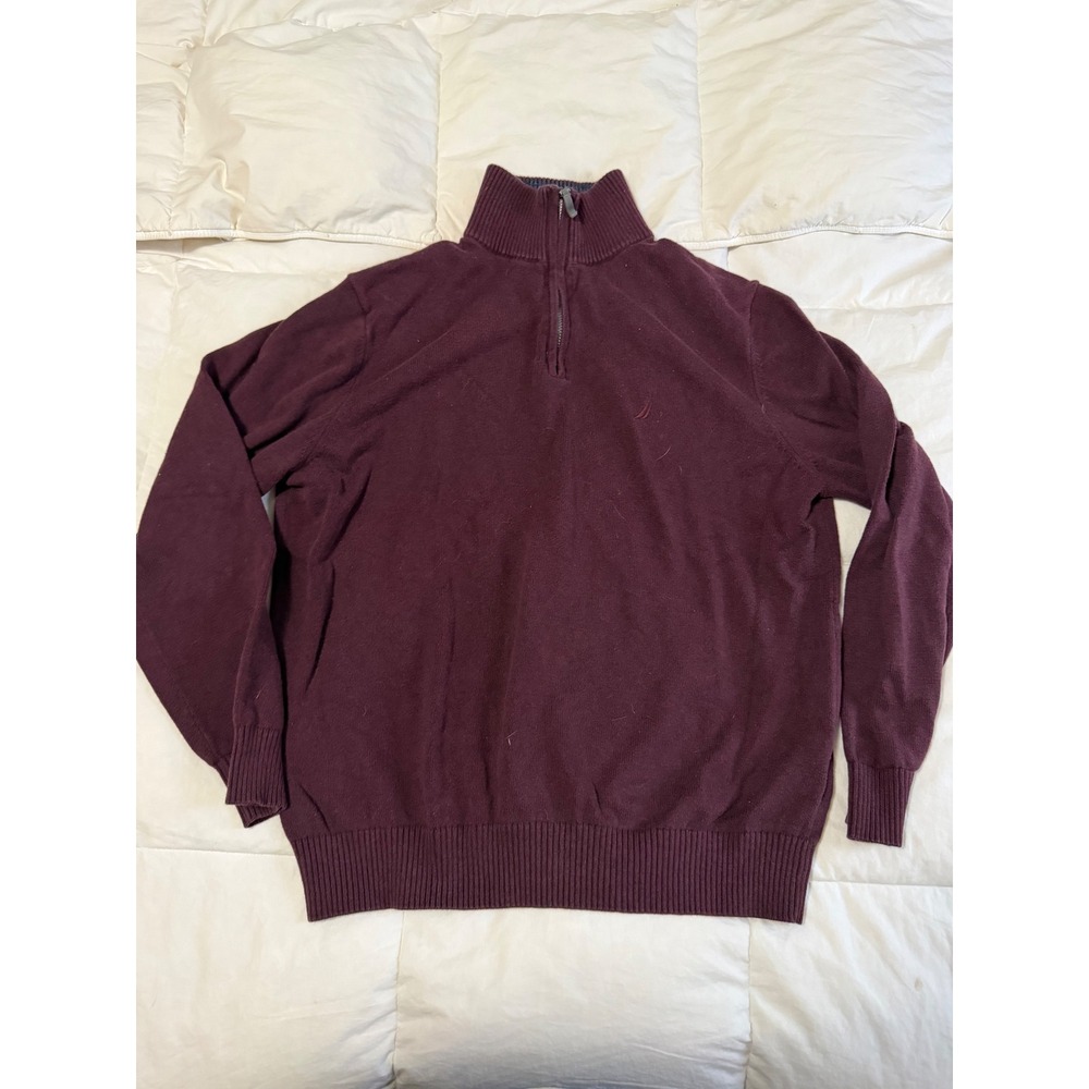 Nautica Mens Large Burgundy 1/4 Zip Pullover Cotton Sweater Mock Neck Maroon